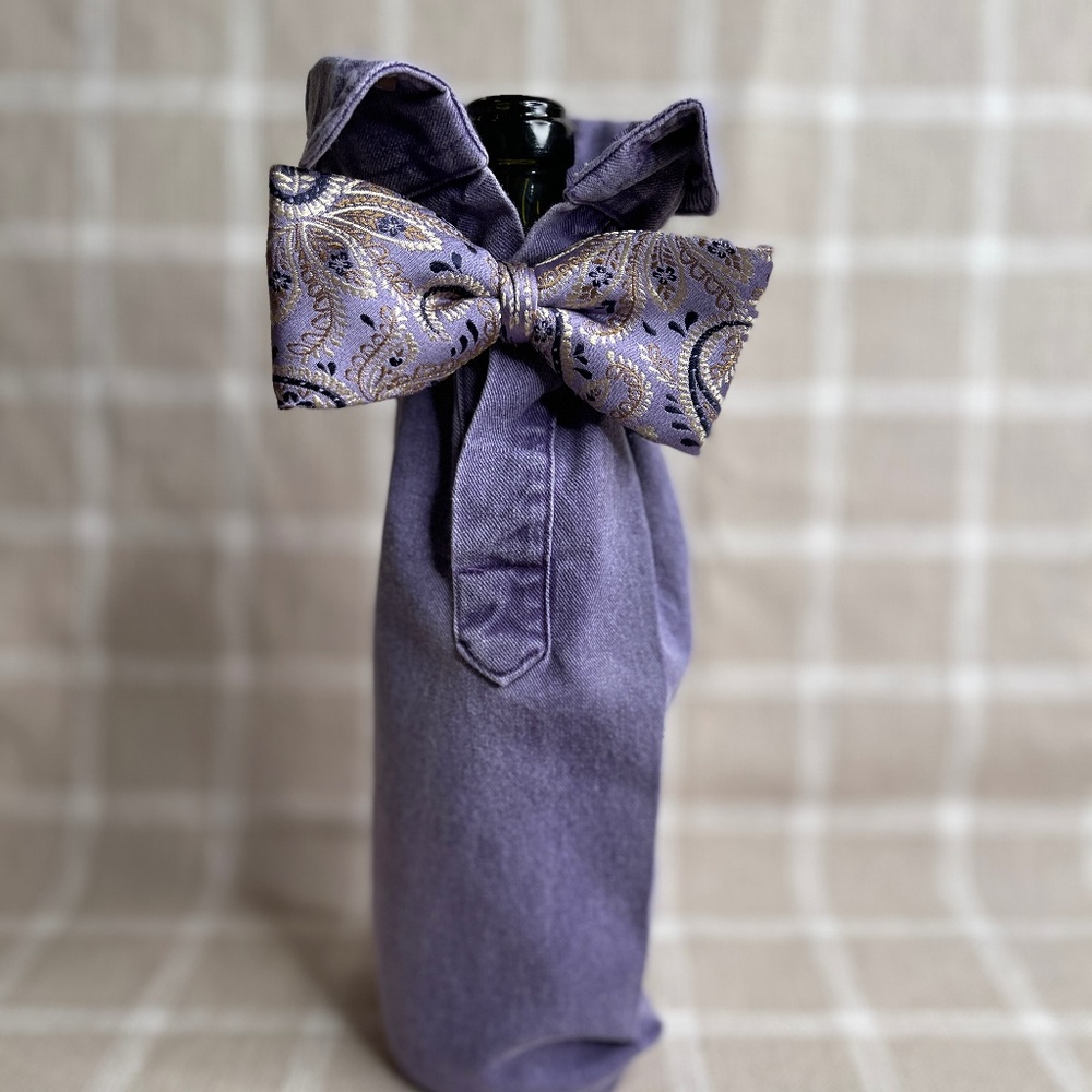 Handcrafted Wine or Liquor Bottle Gift Bag Made From Dress Shirt and Tie